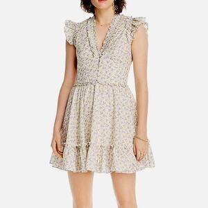LINI Melissa Floral Mini Dress Ruffle Fit Flare Smocked V-Neck Blue Pink Small